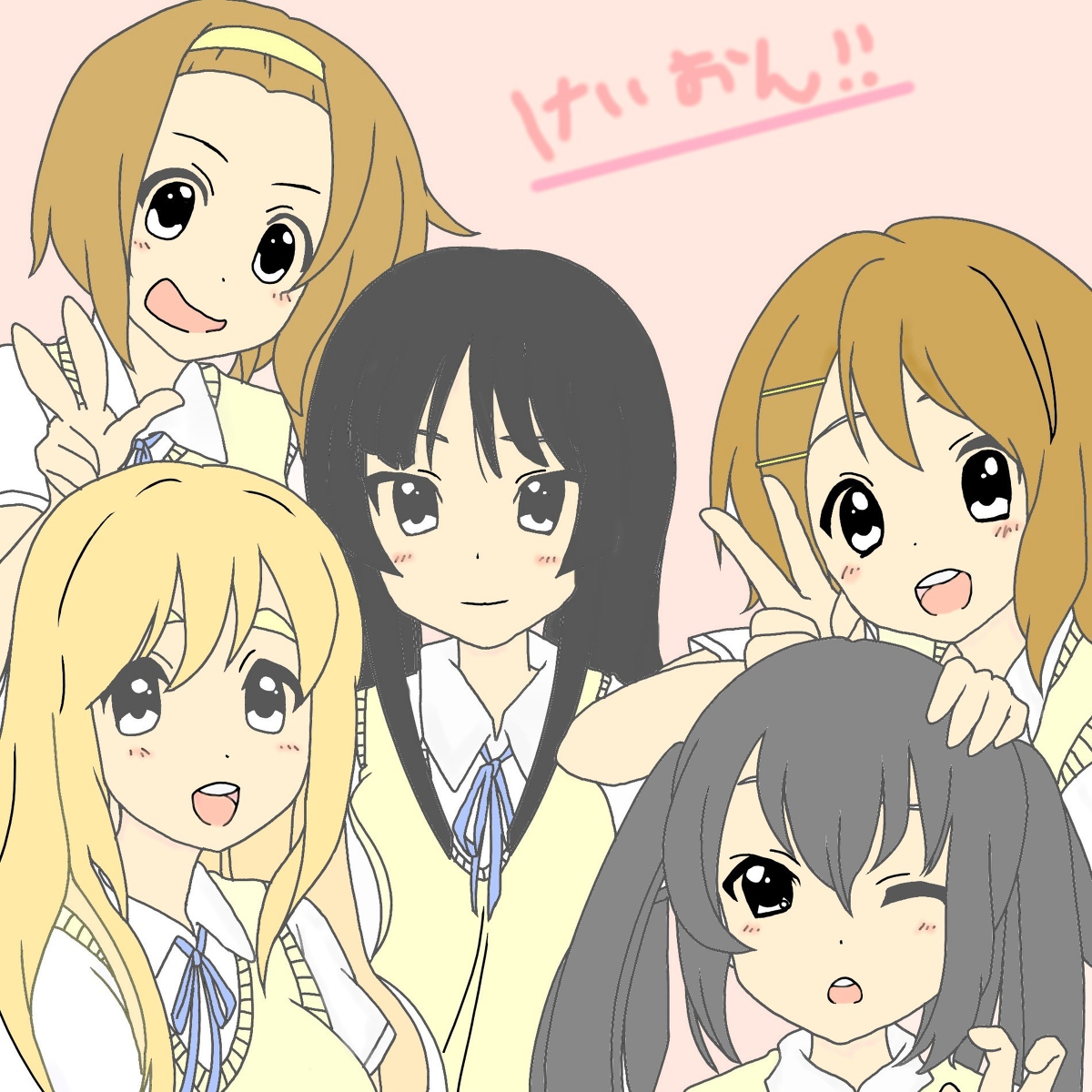 akiyama mio, hirasawa yui, kotobuki tsumugi, nakano azusa, tainaka ritsu, k-on!, translation request, !, !!, 5girls, black hair, blonde hair, blue eyes, blush, brown hair, bushy eyebrows, closed mouth, dot nose, feet out of frame, female focus, forehead, hair between eyes, headband, japanese text, long hair, looking at viewer, multiple girls, one eye closed, open mouth, ribbon, sakuragaoka high school uniform, school uniform, shirt, short hair, short sleeves, standing, sweater vest, teeth, thick eyebrows, v, white shirt, yellow headband, yellow sweater vest