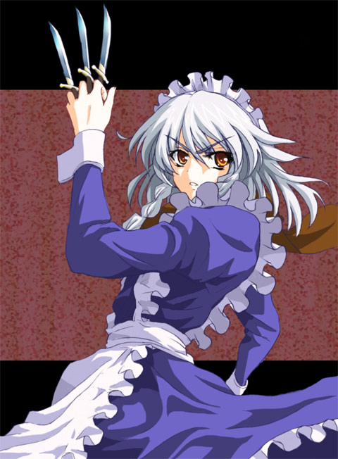 esuurya, izayoi sakuya, touhou, silver hair, 1girl, between fingers, braid, female focus, holding, knife, maid, short hair, solo, throwing knife, twin braids, weapon, yellow eyes