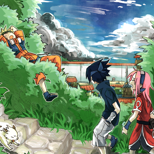 miyano a, akamaru (naruto), haruno sakura, uchiha sasuke, uzumaki naruto, naruto (classic), naruto (series), wall, lowres, 1girl, 2boys, black hair, blonde hair, blue sky, cloud, dog, from side, grass, hands in pockets, headband, long hair, mountain, multiple boys, outdoors, pink hair, sky, sleeping, spiked hair, stairs, team 7 (naruto), walking