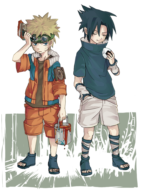 miyano a, uchiha sasuke, uzumaki naruto, naruto (classic), naruto (series), 2boys, blonde hair, blue eyes, closed eyes, eating, facial mark, food, full body, goggles, male focus, multiple boys, onigiri, paint, paintbrush, standing, whisker markings