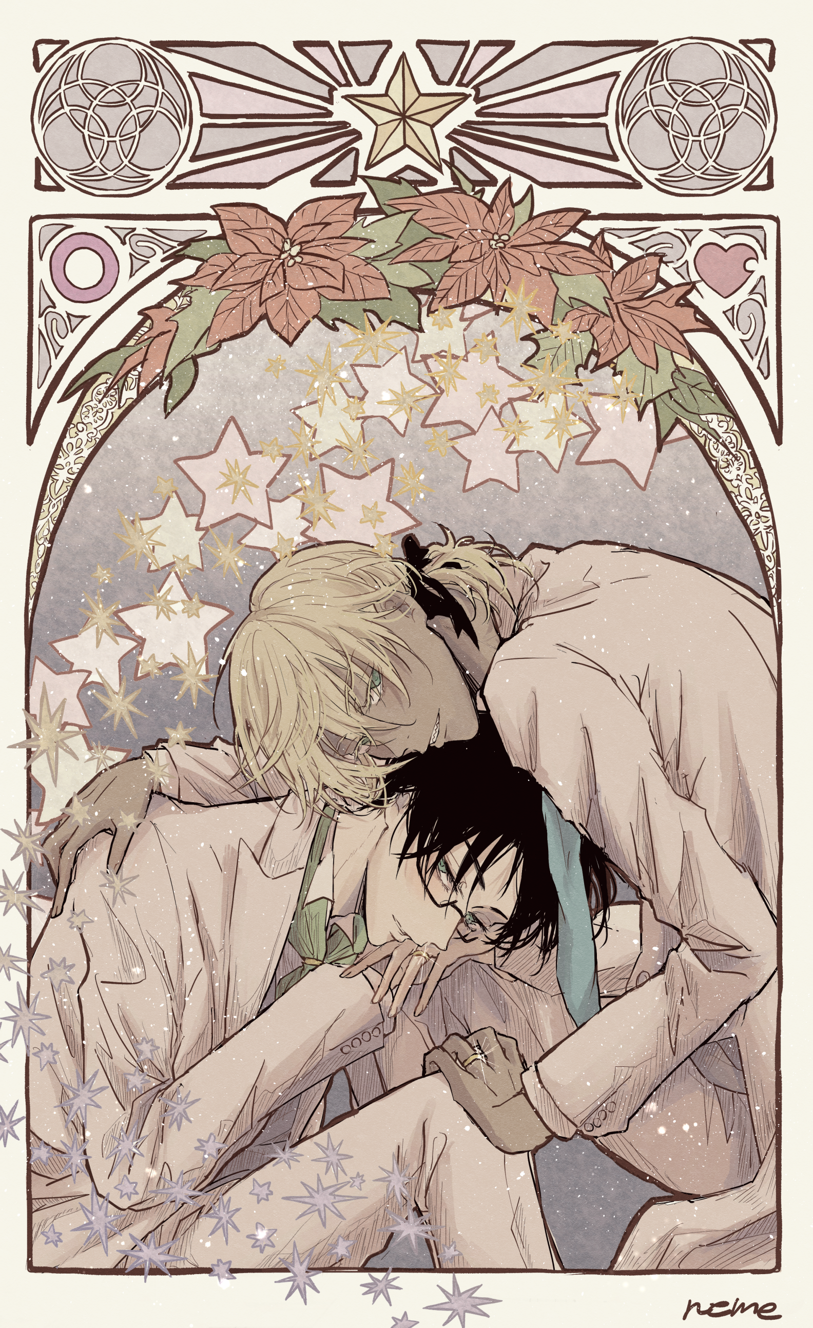 akutsu mabu, niiboshi reo, sarazanmai, absurdres, commentary request, highres, 2boys, art nouveau, black hair, black ribbon, blonde hair, border, flower, glint, heart, jacket, multiple boys, n (warehouse), pants, parted lips, poinsettia, rectangular eyewear, red flower, ribbon, sharp teeth, star (symbol), tan, teeth, white border, white jacket, white pants