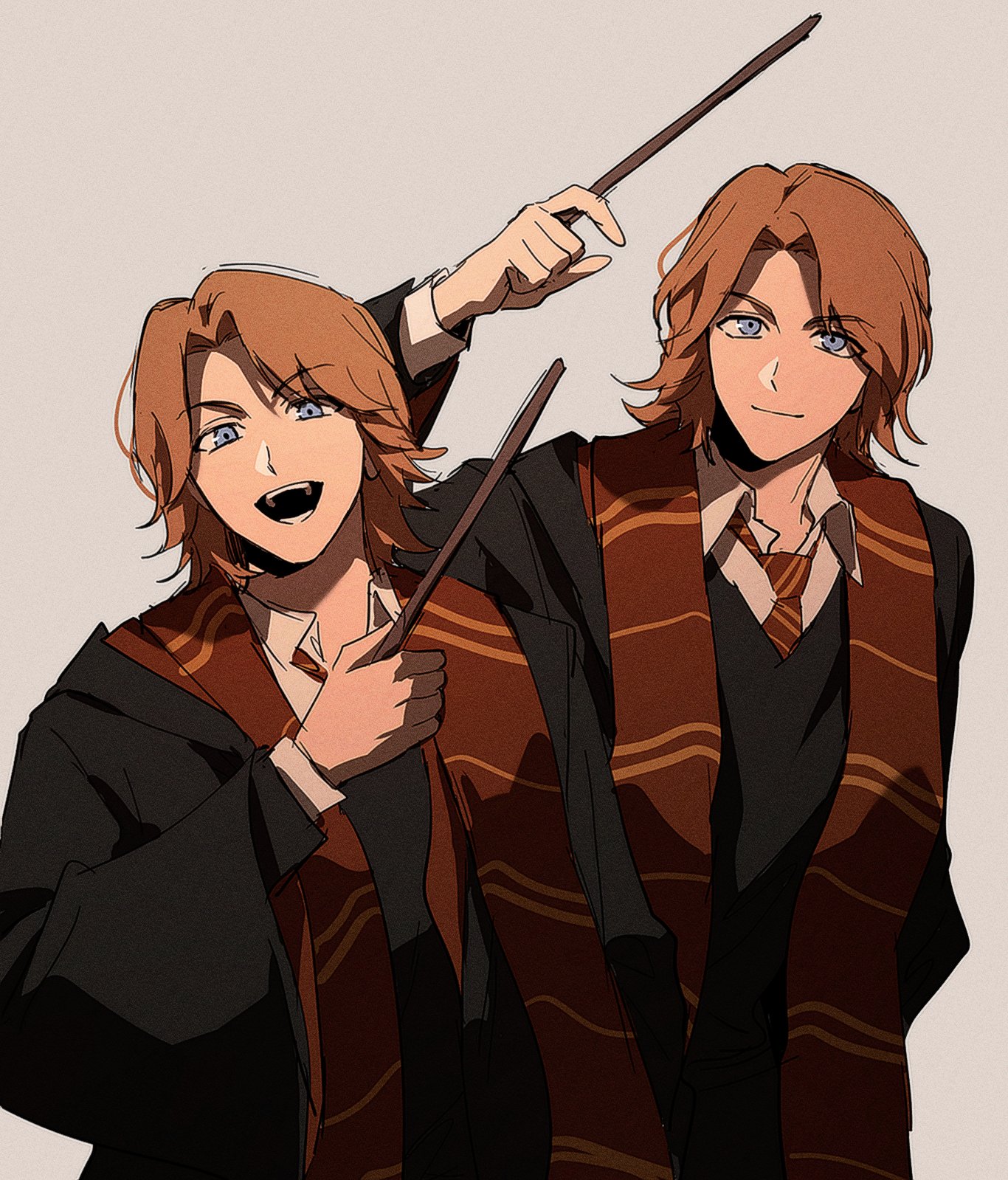 fred weasley, george weasley, harry potter (series), wizarding world, highres, 2boys, animification, black robe, black vest, brothers, closed mouth, collared shirt, diagonal-striped clothes, diagonal-striped necktie, gryffindor, hogwarts school uniform, holding, holding wand, looking at viewer, male focus, medium hair, multiple boys, necktie, open clothes, open mouth, open robe, orange hair, parted bangs, red necktie, red scarf, robe, sam6, scarf, school uniform, shirt, siblings, simple background, smile, striped clothes, striped necktie, teeth, twins, upper body, vest, wand, white background, white shirt