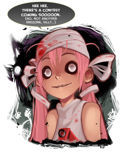 rosie (rosiemonomi), shaun healey, rosie (everafter), everafter, 1girl, bare arms, bare shoulders, black sclera, bright pupils, colored sclera, creepy, empty eyes, english text, female focus, hair between eyes, horror (theme), long hair, looking at viewer, pink hair, portrait, rosie posie, sleeveless, solo, speech bubble, sweater vest, talking, text focus, turtleneck, twintails, very long hair, white pupils