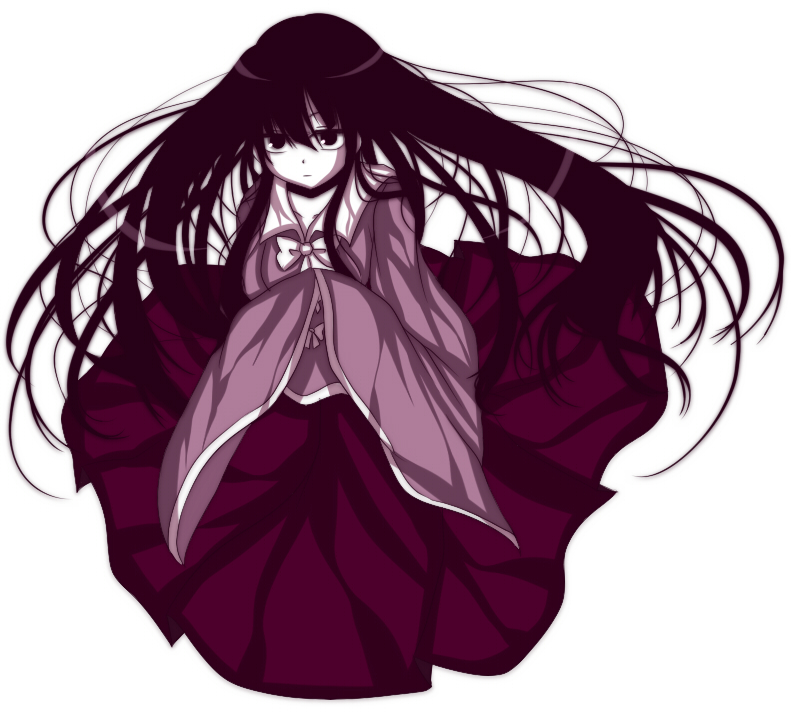 uranaishi (miraura), houraisan kaguya, touhou, 1girl, black eyes, black hair, female focus, hands in opposite sleeves, japanese clothes, long hair, pale skin, simple background, solo, very long hair, wide sleeves