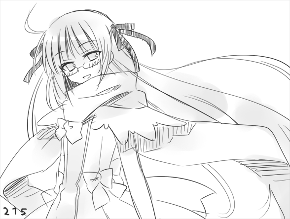 tsukuyomi (negima), mahou sensei negima!, 00s, 1girl, ahoge, blush, bow, female focus, glasses, greyscale, hair ribbon, long hair, monochrome, ribbon, scarf, simple background, sketch, smile, solo, sword, very long hair, weapon