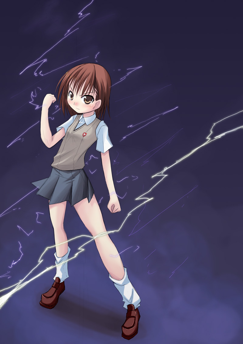 tomcat, misaka mikoto, toaru majutsu no index, bad id, bad pixiv id, 00s, 1girl, brown eyes, brown hair, electricity, electrokinesis, female focus, full body, loose socks, school uniform, shoes, short hair, skirt, socks, solo, standing