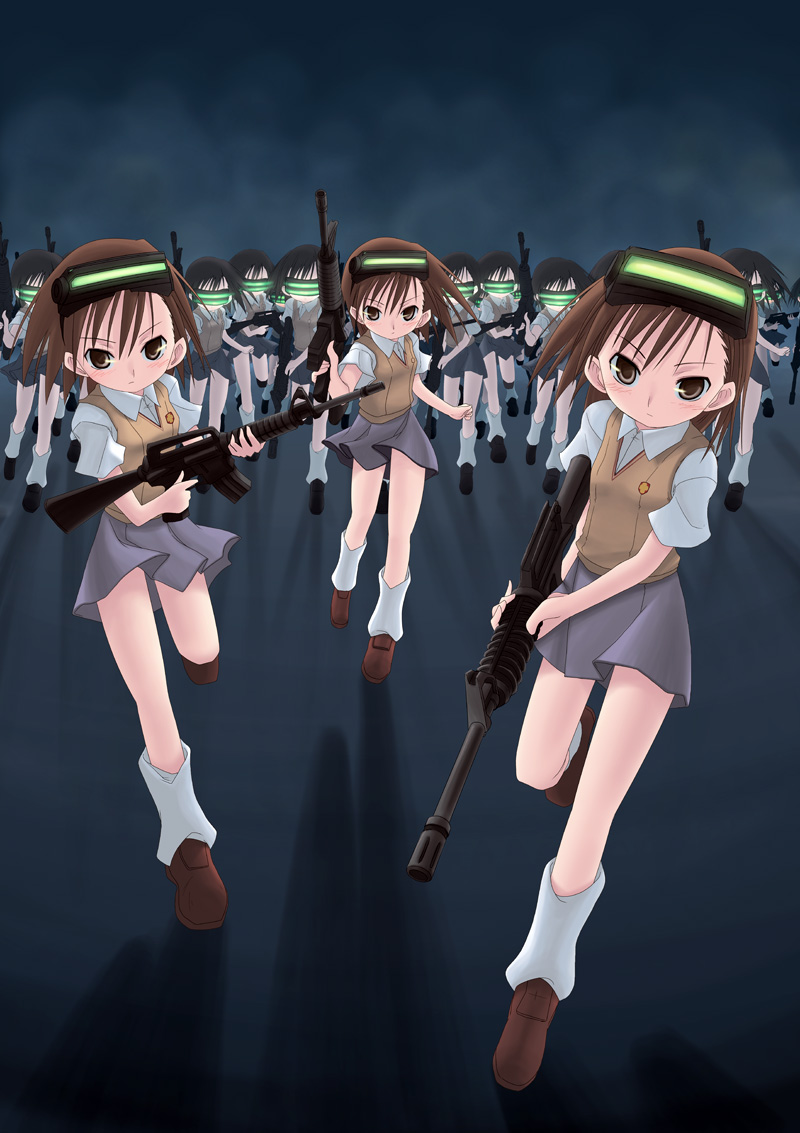 tomcat, misaka imouto, toaru majutsu no index, visor, 00s, 6+girls, assault rifle, brown eyes, brown hair, female focus, goggles, gun, head-mounted display, loose socks, m16, m16a2, multiple girls, rifle, running, school uniform, short hair, siblings, sisters, socks, weapon