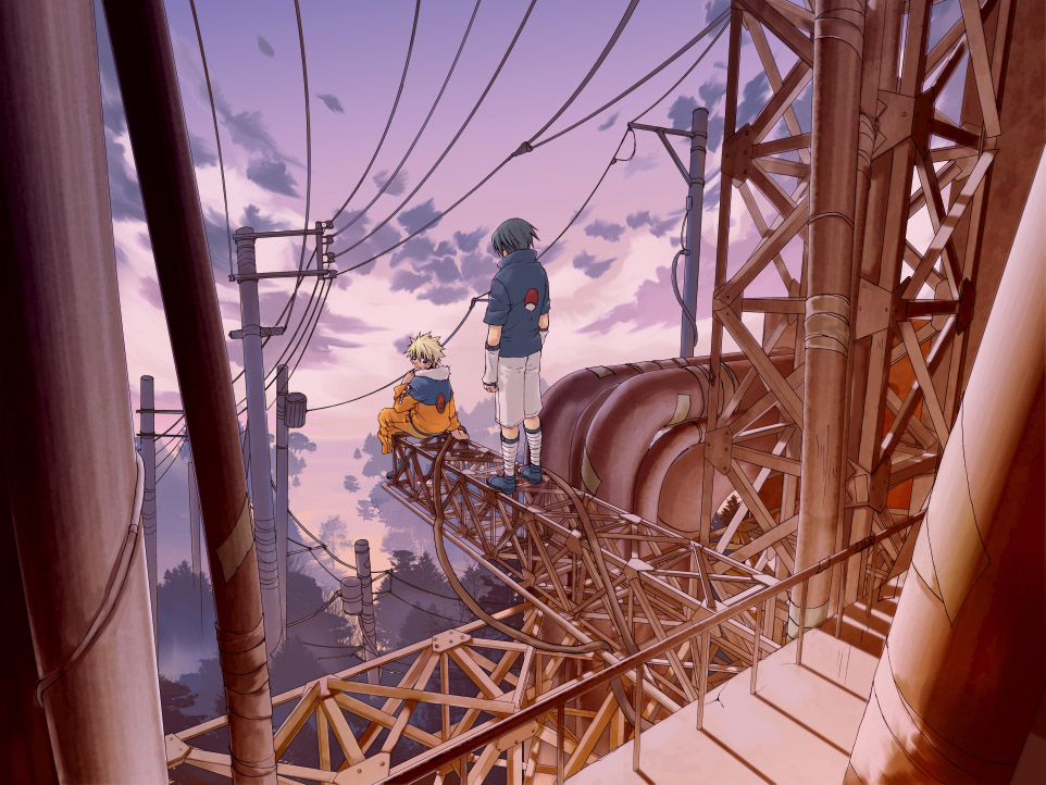 kou (pixiv), uchiha sasuke, uzumaki naruto, naruto (classic), naruto (series), 2boys, black hair, blonde hair, cloud, crane (machine), male focus, multiple boys, power lines, steel beam