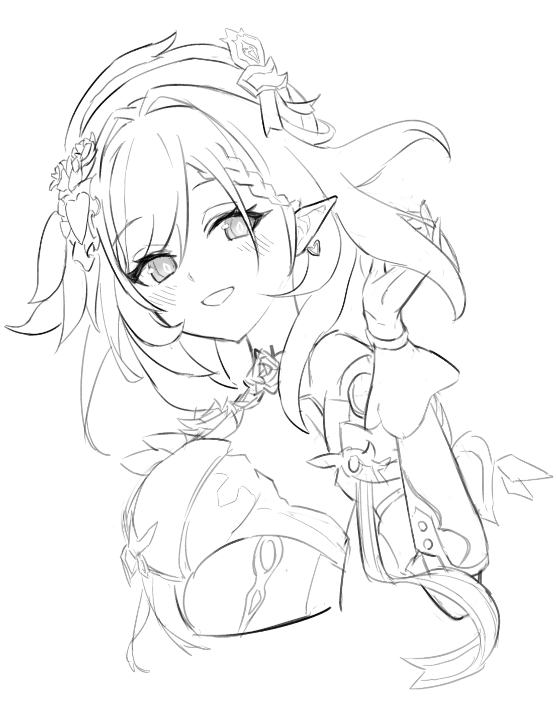 doremifasorachi, elysia (hi love elf) (honkai impact), elysia (honkai impact), honkai (series), honkai impact 3rd, commentary request, highres, 1girl, beret, breasts, cropped torso, diamond-shaped pupils, diamond (shape), dress, earrings, elf, greyscale, hat, heart, heart earrings, jewelry, large breasts, long hair, monochrome, pointy ears, simple background, smile, solo, symbol-shaped pupils, upper body