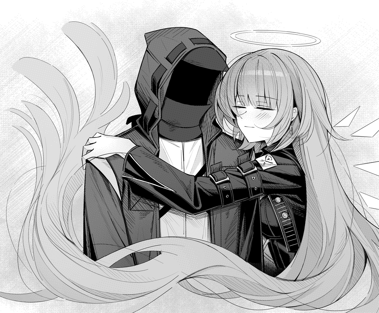 shokuyou koori, doctor (arknights), lemuen (arknights), arknights, commentary, 1girl, 1other, arm belt, belt buckle, blush, buckle, closed mouth, floating hair, greyscale, halo, hood, hood up, hooded jacket, hug, jacket, laterano logo, long hair, long sleeves, monochrome, sleeve belt, sleeve garter, traditional halo, very long hair