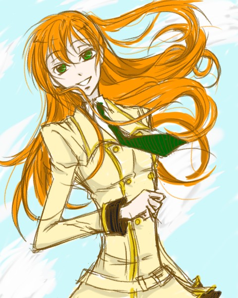 shirley fenette, code geass, 00s, 1girl, :d, female focus, floating hair, green necktie, grin, long sleeves, looking at viewer, military, military uniform, necktie, open mouth, orange hair, school uniform, smile, solo, teeth, upper body, wind