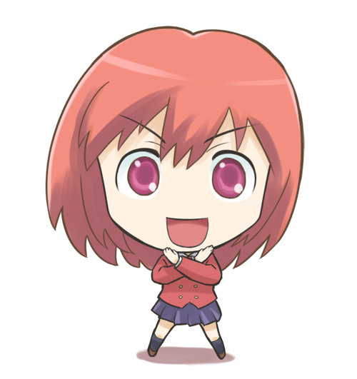 denden, kushieda minori, toradora!, 00s, 1girl, chibi, female focus, full body, red eyes, red hair, school uniform, short hair, simple background, skirt, smile, solo, standing, white background