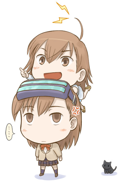 denden, inu (toaru majutsu no index), last order (toaru majutsu no index), misaka imouto, misaka imouto 10032's cat, toaru majutsu no index, visor, 00s, 2girls, ahoge, brown eyes, brown hair, cat, chibi, head-mounted display, multiple girls, school uniform, short hair, skirt