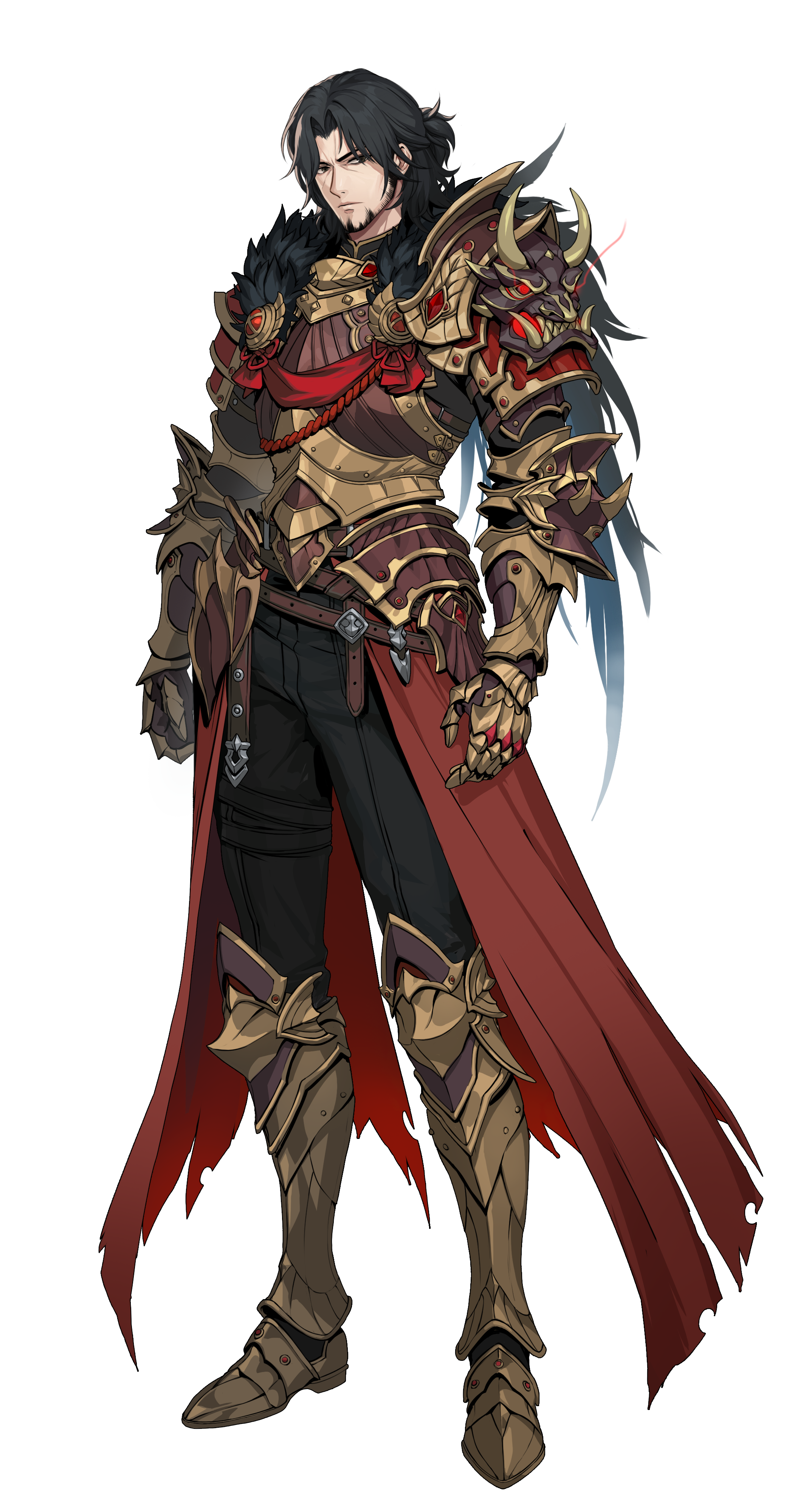 goto ryuji, solo leveling, solo leveling: arise, absurdres, highres, official art, 1boy, armor, armored boots, beard, black hair, black pants, boots, breastplate, facial hair, full body, gauntlets, looking at viewer, official alternate costume, pants, pauldrons, short hair, shoulder armor, simple background, solo, transparent background