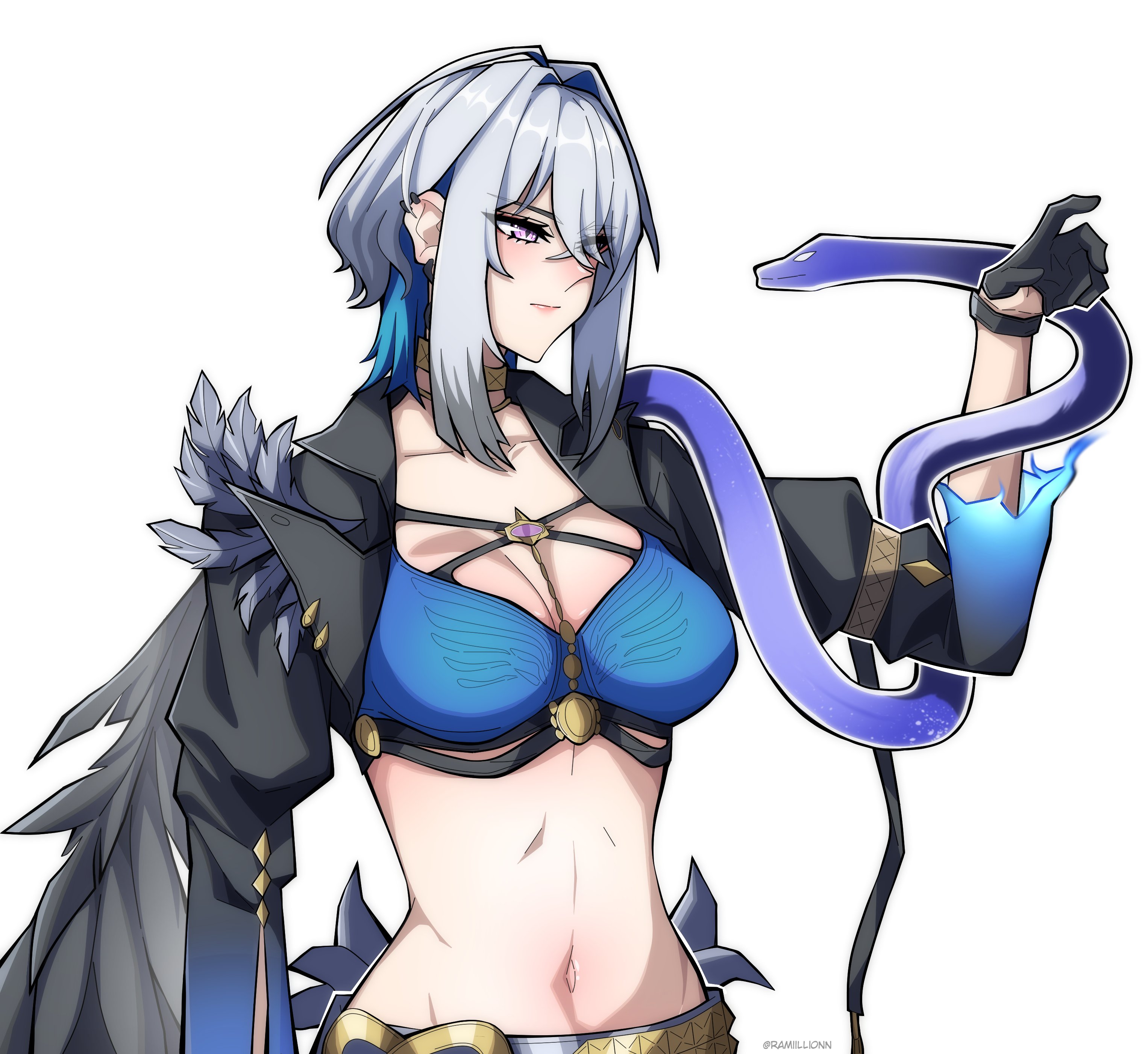 remi (ramiillion), galbrena (wuthering waves), wuthering waves, absurdres, commentary, hashtag-only commentary, highres, 1girl, black gloves, black jacket, blue bra, blue hair, bra, breasts, collarbone, cropped jacket, gloves, hair intakes, jacket, large breasts, linea alba, long sleeves, midriff, multicolored hair, navel, open clothes, open jacket, purple eyes, sidelocks, simple background, snake, snake wrapped around body, solo, twitter username, two-tone hair, underwear, upper body, white background, white hair