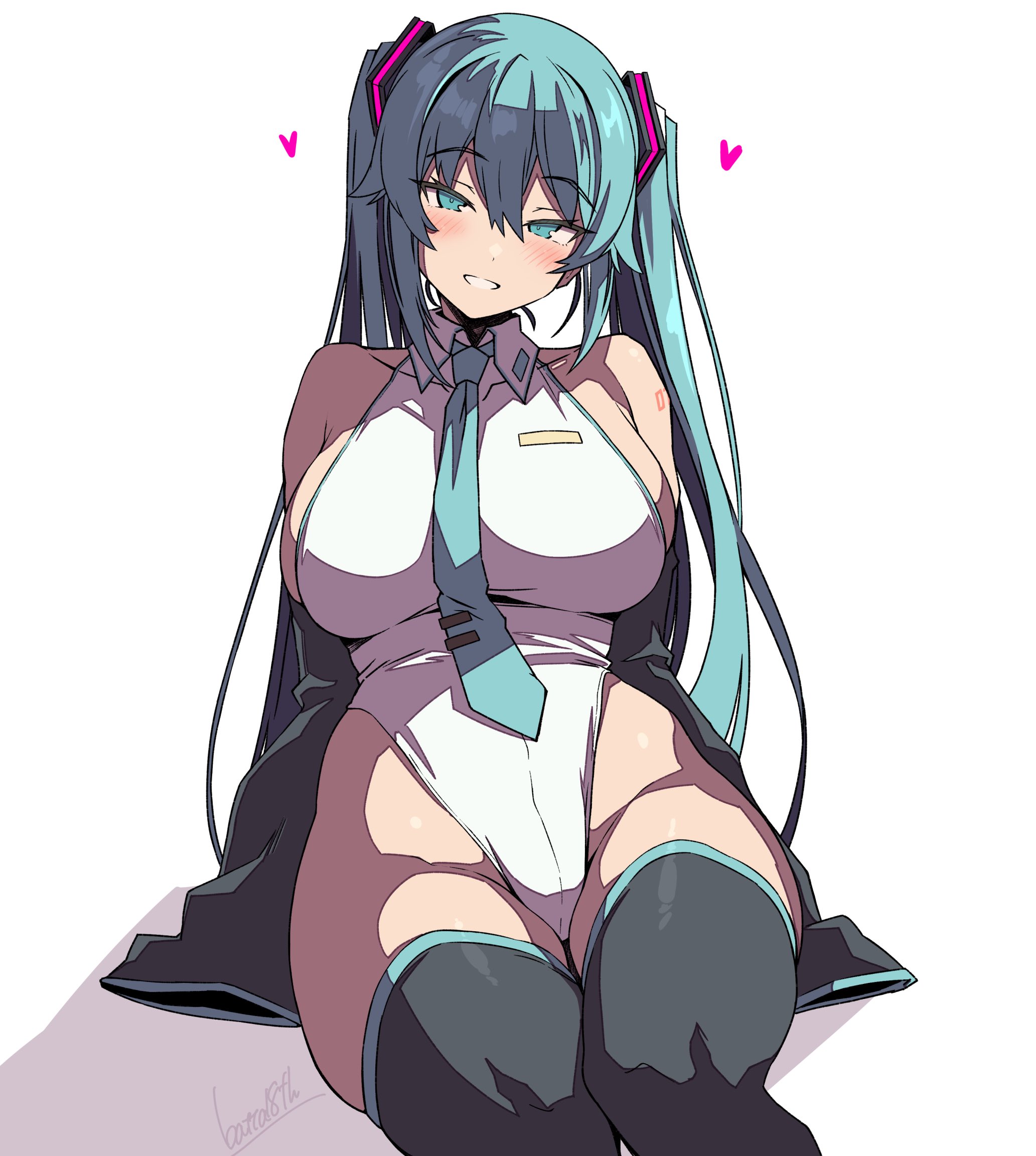 batta 16-sei, hatsune miku, vocaloid, highres, 1girl, breasts, heart, large breasts, long hair, looking at viewer, simple background, solo, thick thighs, thighs, twintails, white background