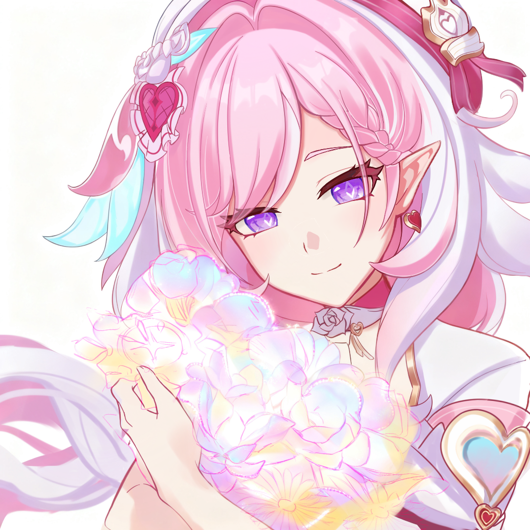 elysia (hi love elf) (honkai impact), elysia (honkai impact), honkai (series), honkai impact 3rd, chinese commentary, commentary request, 1girl, beret, diamond-shaped pupils, diamond (shape), dress, flower, hat, holding, holding flower, jintianwoyuwenshang90lema, long hair, multicolored hair, pink hair, purple eyes, simple background, smile, solo, symbol-shaped pupils, two-tone hair, upper body, very long hair, white background, white dress, white hair