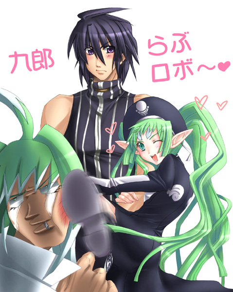 shinjin marimo, daijuuji kurou, doctor west, elsa, demonbane, translation request, 00s, 1girl, 2boys, black hair, green eyes, green hair, kicking, long hair, multiple boys, purple eyes