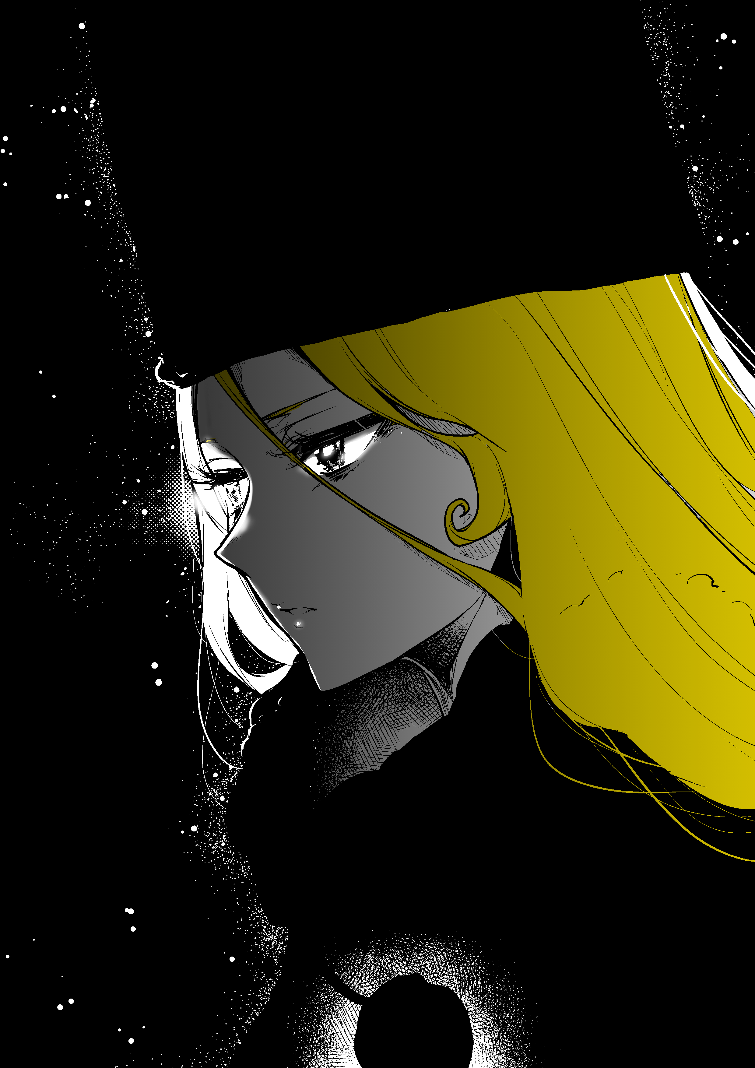 yasuda suzuhito, maetel, ginga tetsudou 999, absurdres, highres, 1girl, blonde hair, coat, fur hat, greyscale, hat, lips, long hair, monochrome, solo, spot color, very long hair
