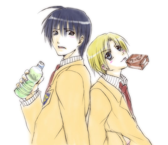 okazaki tomoya, sunohara youhei, clannad, red neckwear, 00s, 2boys, back-to-back, black hair, blazer, blonde hair, bottle, jacket, juice box, male focus, mouth hold, multiple boys, necktie, pinstripe pattern, pinstripe shirt, school uniform, shirt, upper body, white background