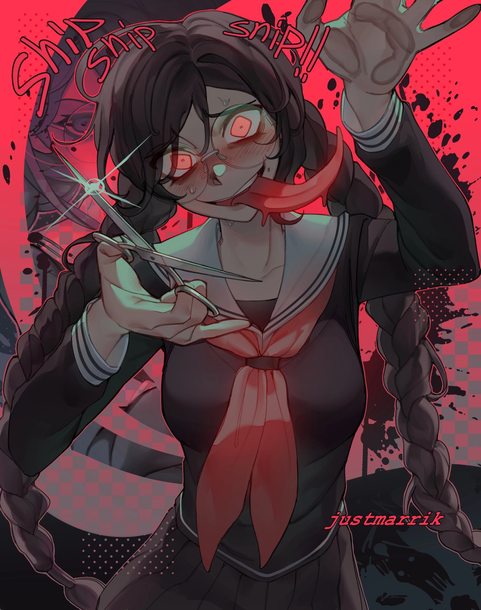 fukawa toko, genocider shou, danganronpa: trigger happy havoc, danganronpa (series), commentary, english commentary, highres, 1girl, artist name, black serafuku, black shirt, black skirt, blush, braid, breasts, collared shirt, eyelashes, glasses, glint, holding, holding scissors, holding weapon, justmarrik, long hair, long sleeves, long tongue, mole, mole under mouth, neckerchief, nose blush, open mouth, outline, purple hair, red eyes, red neckerchief, red outline, round eyewear, sailor collar, school uniform, scissors, serafuku, shirt, skirt, skirt set, smile, solo, sound effects, sweat, teeth, tongue, tongue out, twin braids, twintails, upper teeth only, very long hair, weapon, white sailor collar
