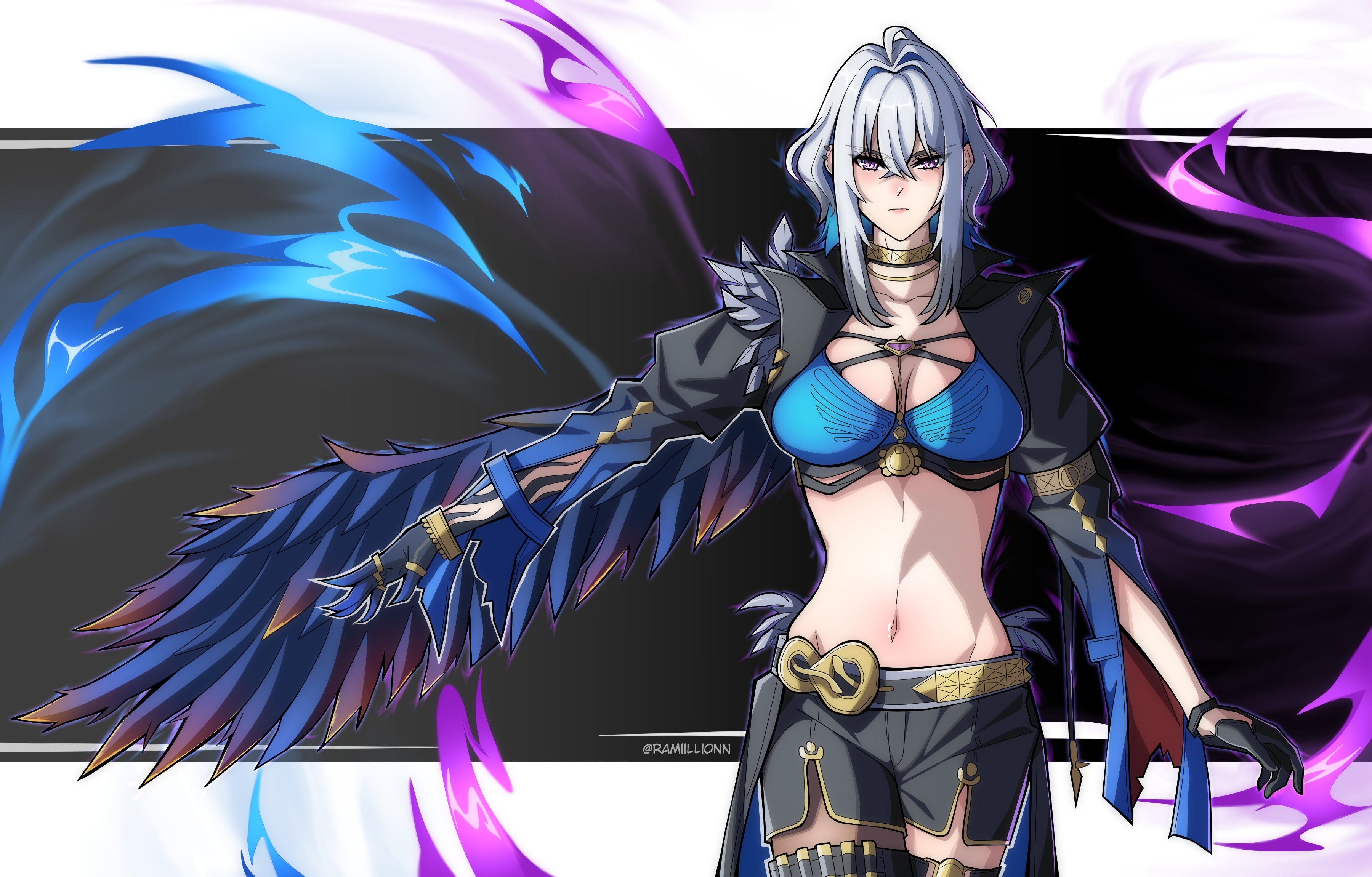 remi (ramiillion), galbrena (wuthering waves), wuthering waves, absurdres, commentary, english commentary, highres, 1girl, black gloves, black jacket, black shorts, blue bra, blue hair, bra, breasts, bullet, collarbone, cowboy shot, cropped jacket, gloves, gold choker, hair intakes, jacket, large breasts, linea alba, long sleeves, midriff, multicolored hair, navel, open clothes, open jacket, purple eyes, short shorts, shorts, sidelocks, simple background, solo, thigh strap, twitter username, two-tone hair, underwear, white hair
