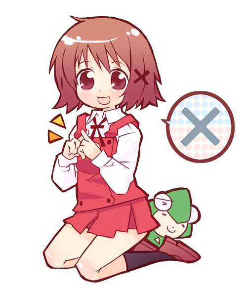 kuma jet, ume-sensei, yuno (hidamari sketch), hidamari sketch, bad id, bad pixiv id, 00s, 1girl, :d, brown eyes, brown hair, kneeling, open mouth, school uniform, short hair, skirt, smile, socks, white background, yamabuki high school uniform