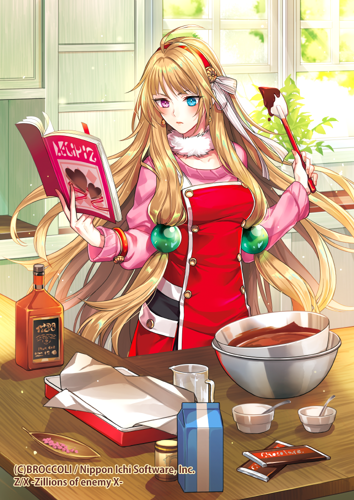 amg (nwmnmllf), gandiva (z/x), z/x, official art, 1girl, ahoge, alcohol, apron, aqua eyes, baking sheet, bangle, blonde hair, book, bracelet, chocolate making, choker, closed mouth, copyright notice, earrings, fur-trimmed choker, fur collar, fur trim, hairband, heterochromia, holding, holding book, holding spatula, indoors, jewelry, kitchen, long hair, measuring cup, milk carton, mixing bowl, open book, pink sweater, plate, purple eyes, reading, red apron, red hairband, sidelocks, spatula, sweater, whiskey, window