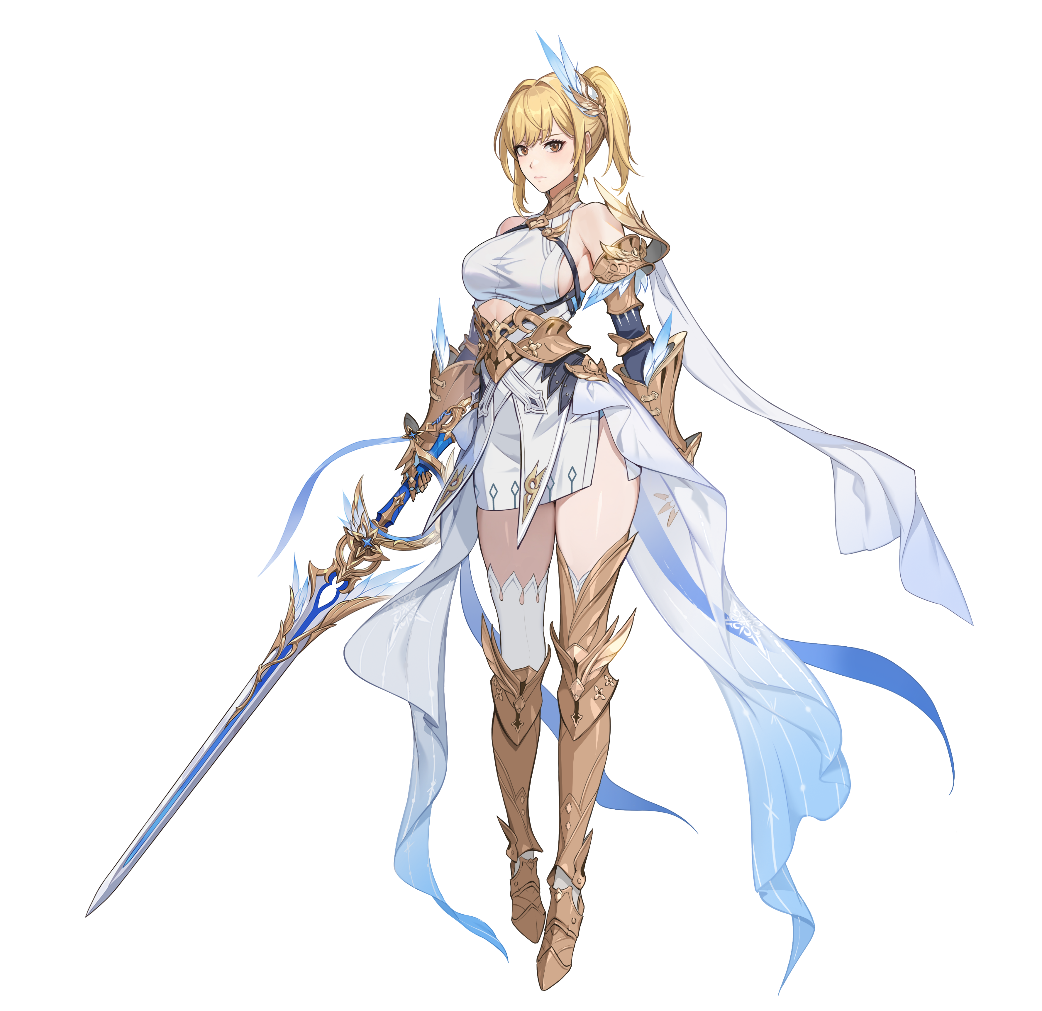 cha hae-in, solo leveling, solo leveling: arise, absurdres, highres, official art, 1girl, armored boots, blonde hair, boots, breasts, brown hair, full body, holding, holding sword, holding weapon, large breasts, looking at viewer, official alternate costume, simple background, solo, sword, transparent background, weapon