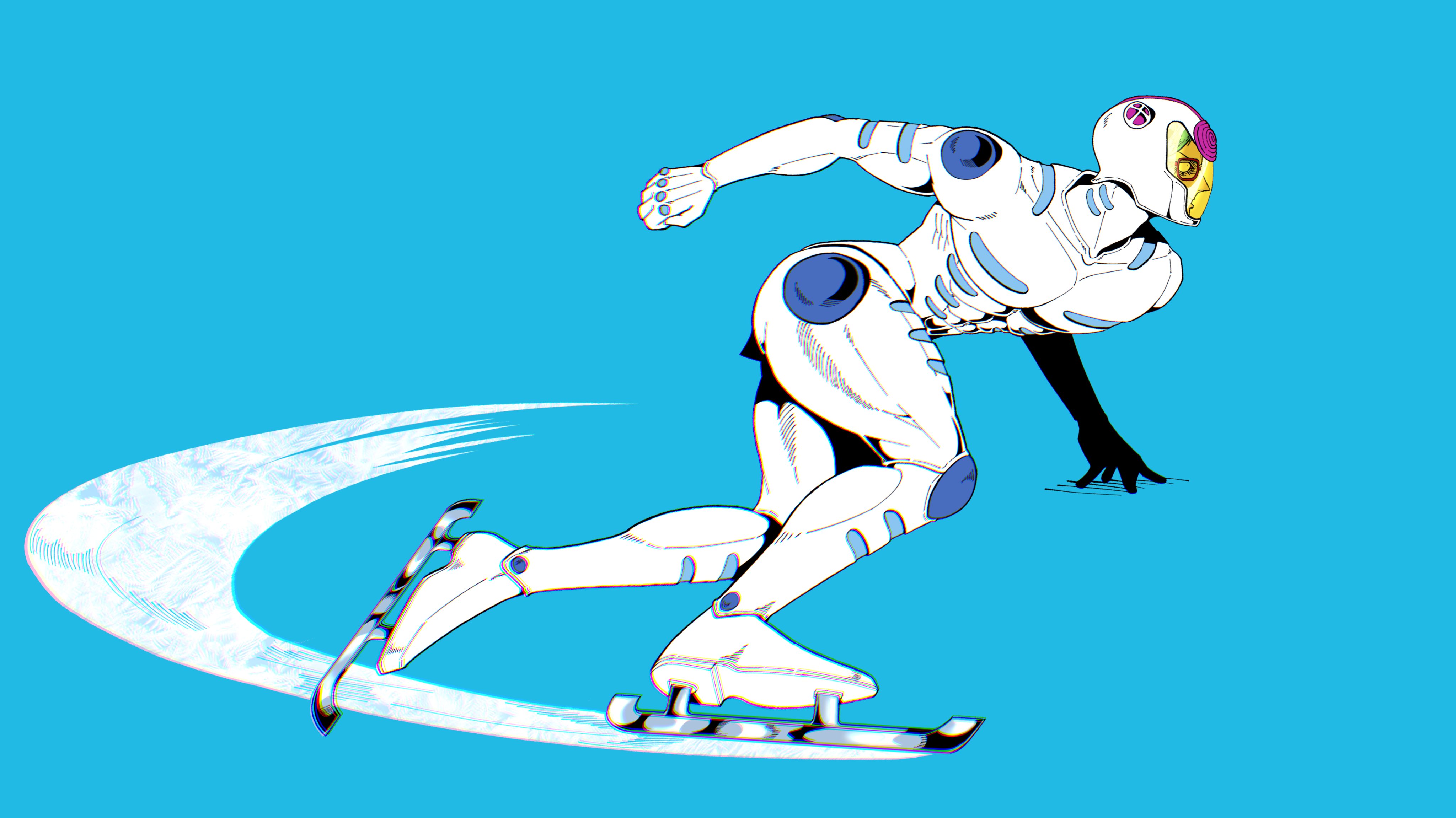 ghiaccio, white album (stand), jojo no kimyou na bouken, vento aureo, absurdres, hashtag-only commentary, highres, 1boy, armor, blue background, full body, ice skates, inline skates, male focus, motion lines, pi aa12, red-framed eyewear, roller skates, skates, solo, stand (jojo), white armor