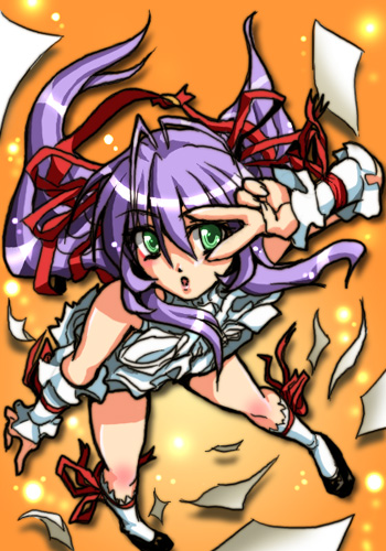 shinjin marimo, al azif (demonbane), demonbane, lowres, 00s, green eyes, hair ribbon, long hair, paper, purple hair, ribbon, solo, v, v over eye