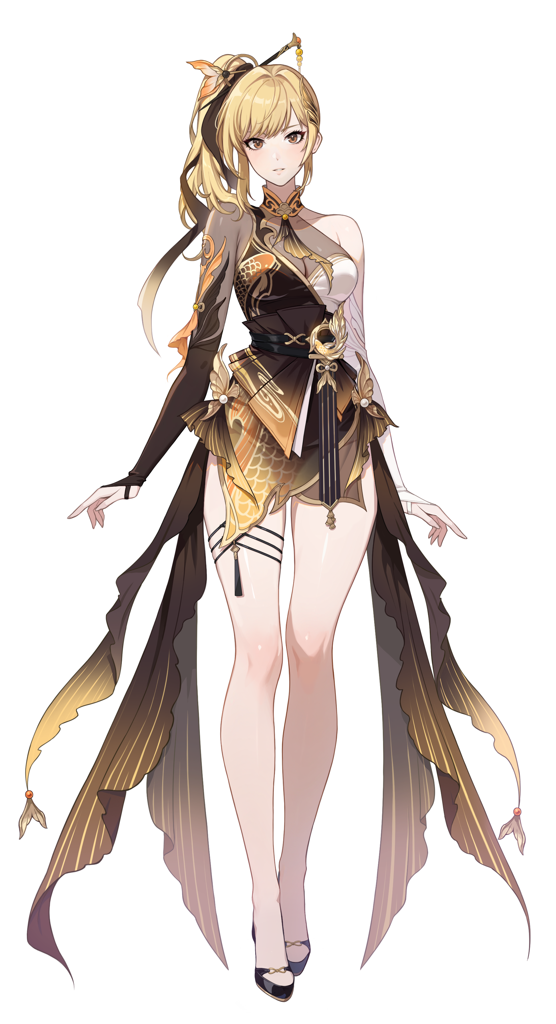 cha hae-in, solo leveling, solo leveling: arise, absurdres, highres, official art, 1girl, black shoes, blonde hair, breasts, brown dress, brown hair, dress, full body, high heels, large breasts, looking at viewer, official alternate costume, shoes, simple background, solo, transparent background