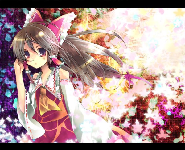 pochi-t, hakurei reimu, imperishable night, touhou, bad id, bad pixiv id, 1girl, brown hair, female focus, letterboxed, long hair, solo