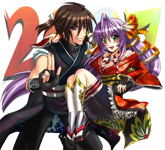 shinjin marimo, al azif (demonbane), daijuuji kurou, demonbane, 00s, black hair, fingerless gloves, gloves, green eyes, japanese clothes, long hair, purple eyes, purple hair