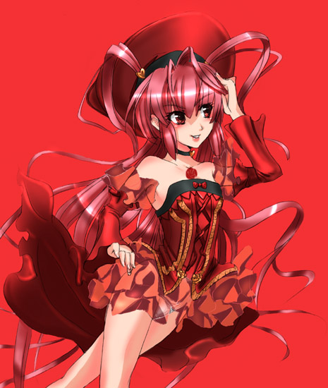 shinjin marimo, another blood, demonbane, 00s, 1girl, dress, female focus, hat, long hair, red background, red eyes, red hair, red theme, simple background, solo