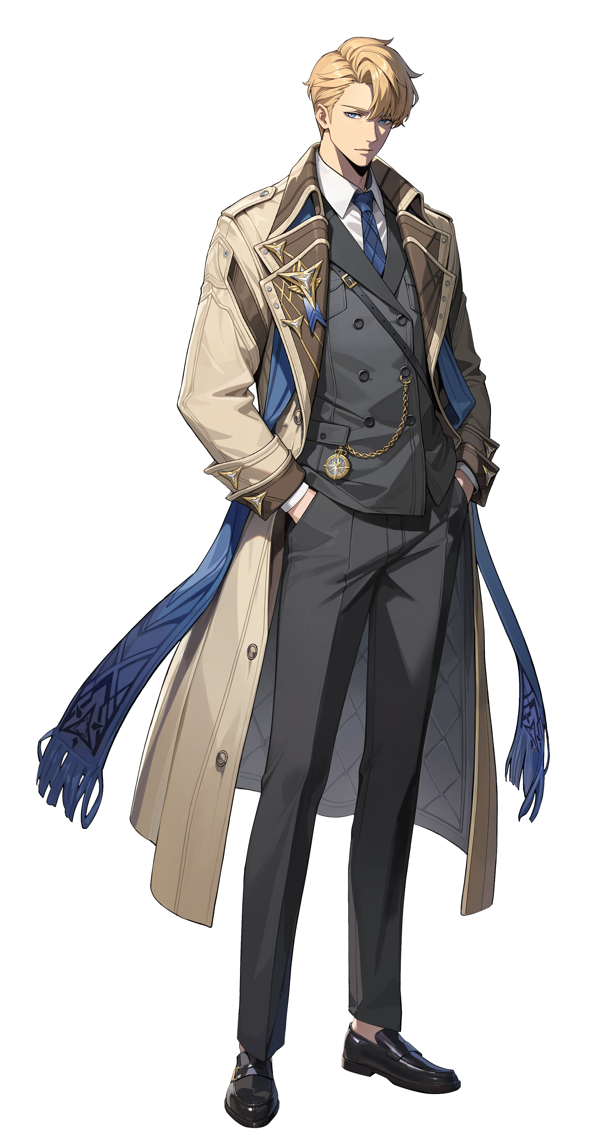 solo leveling, solo leveling: arise, absurdres, highres, official art, 1boy, black jacket, black pants, black shoes, blonde hair, blue eyes, blue necktie, blue scarf, brown coat, coat, collared shirt, full body, hands in pockets, jacket, lennart niermann, long coat, long sleeves, looking at viewer, necktie, open clothes, open coat, pants, scarf, shirt, shoes, short hair, simple background, solo, transparent background, white shirt
