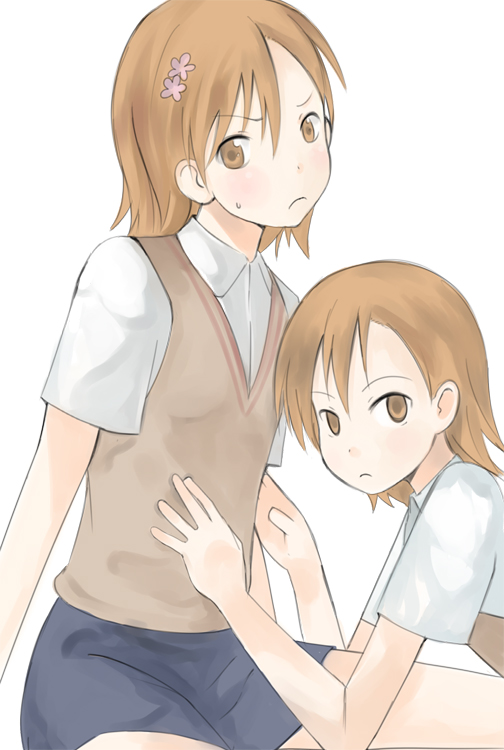 enoki p, misaka imouto, misaka mikoto, toaru kagaku no railgun, toaru majutsu no index, bad id, bad pixiv id, 00s, 2girls, arm support, blush, brown eyes, brown hair, clone, embarrassed, female focus, flower, hair flower, hair ornament, hug, influenced, looking at viewer, multiple girls, school uniform, serious, short hair, shy, siblings, sisters, sitting, skirt, sweat, sweater vest, tokiwadai school uniform, yuri