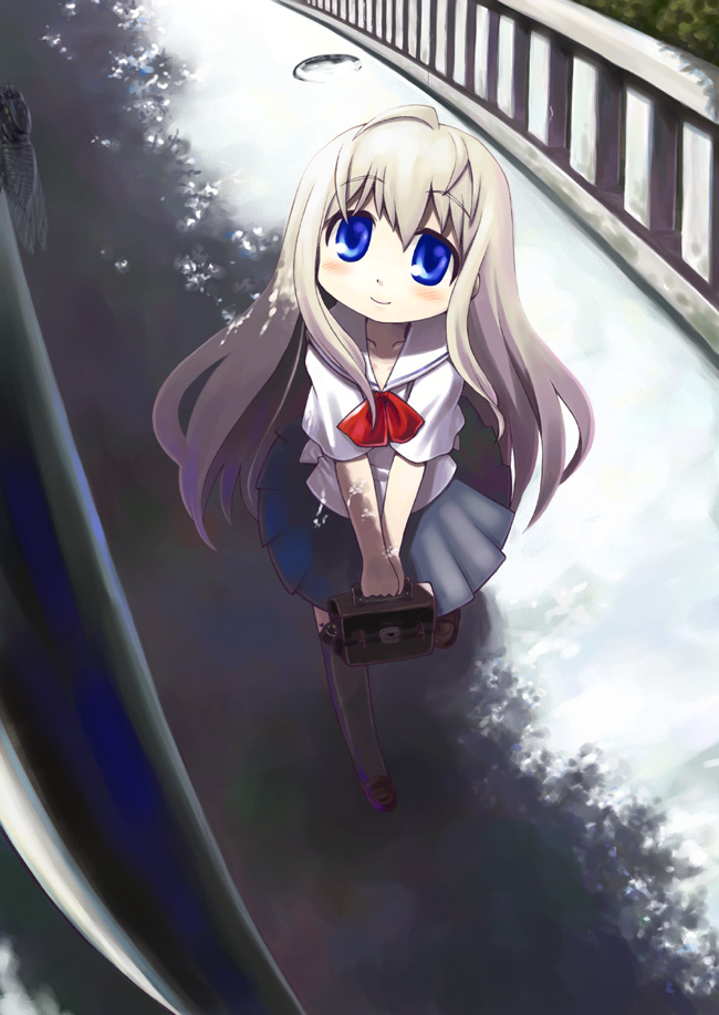 minami juujisei, original, ahoge, bag, blue eyes, blush, from above, long hair, looking up, satchel, school bag, school uniform, skirt, smile, solo, thighhighs