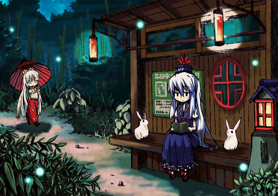 3speed, jiageya (atojian keikaku), fujiwara no mokou, kamishirasawa keine, touhou, 2girls, bamboo, bamboo forest, book, chibi, female focus, fireflies, forest, lantern, multiple girls, nature, night, oil-paper umbrella, open book, rabbit, reading, sitting, slice of life, umbrella
