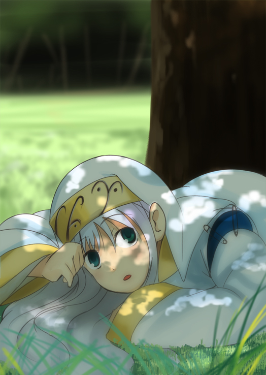 enoki p, index (toaru majutsu no index), toaru majutsu no index, bad id, bad pixiv id, 00s, blue hair, green eyes, hat, lying, nature, nun, robe, safety pin, white hair
