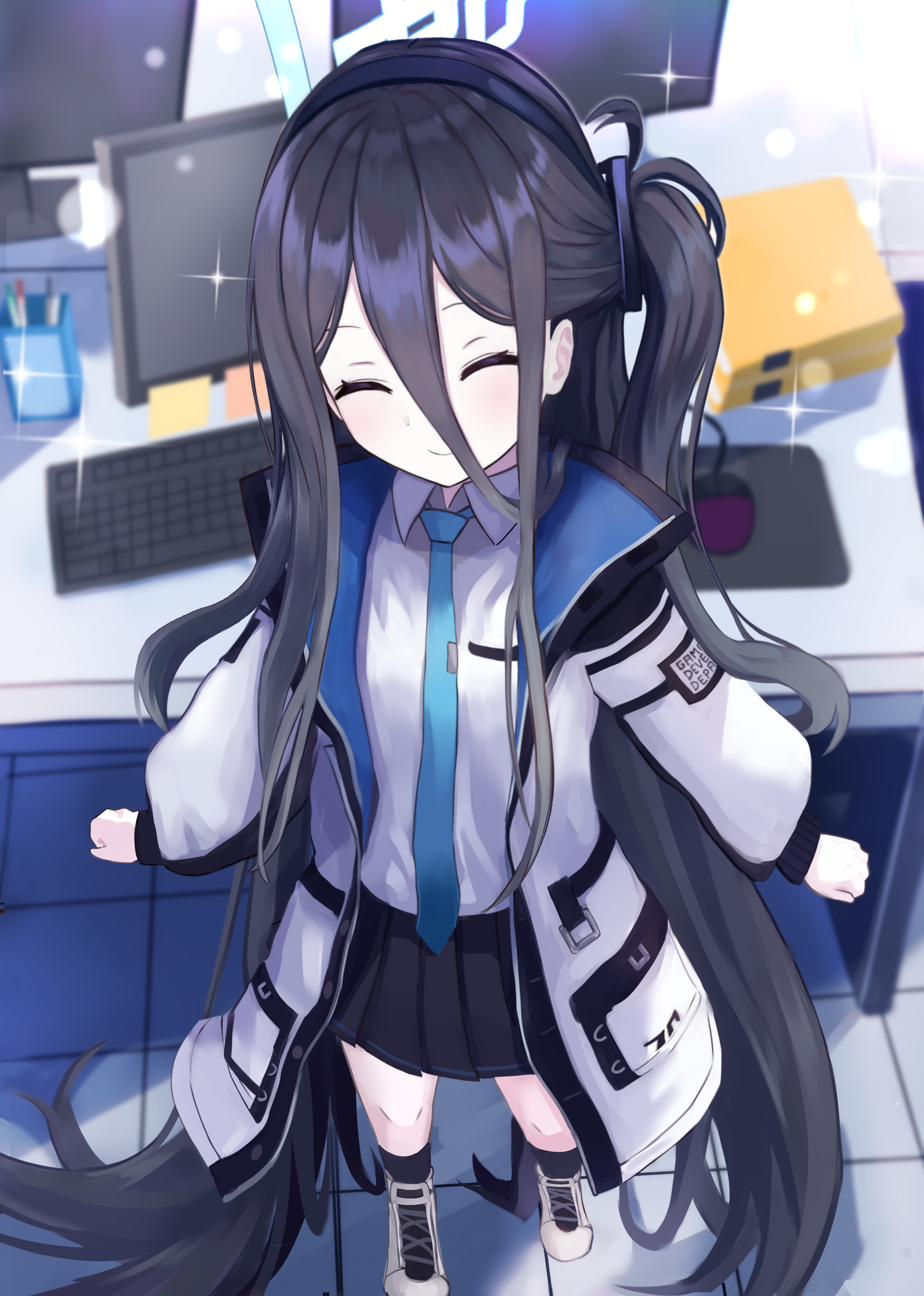 thomason366, aris (blue archive), blue archive, absurdres, commentary request, highres, 1girl, ^ ^, a-pose, absurdly long hair, aqua halo, black hair, black hairband, black jacket, black skirt, black socks, blue jacket, blue necktie, blurry, blurry background, blush, clenched hands, closed eyes, closed mouth, collared shirt, computer keyboard, computer mouse, desk, from above, full body, hair between eyes, hairband, halo, jacket, long bangs, long hair, long hair between eyes, long sidelocks, long sleeves, monitor, multicolored jacket, necktie, one side up, open clothes, open jacket, pleated skirt, puffy long sleeves, puffy sleeves, rectangular halo, school uniform, shadow, shirt, shoes, sidelocks, skirt, smile, socks, solo, sparkle, standing, tile floor, tiles, two-sided fabric, two-sided jacket, very long hair, white jacket, white shirt, white shoes