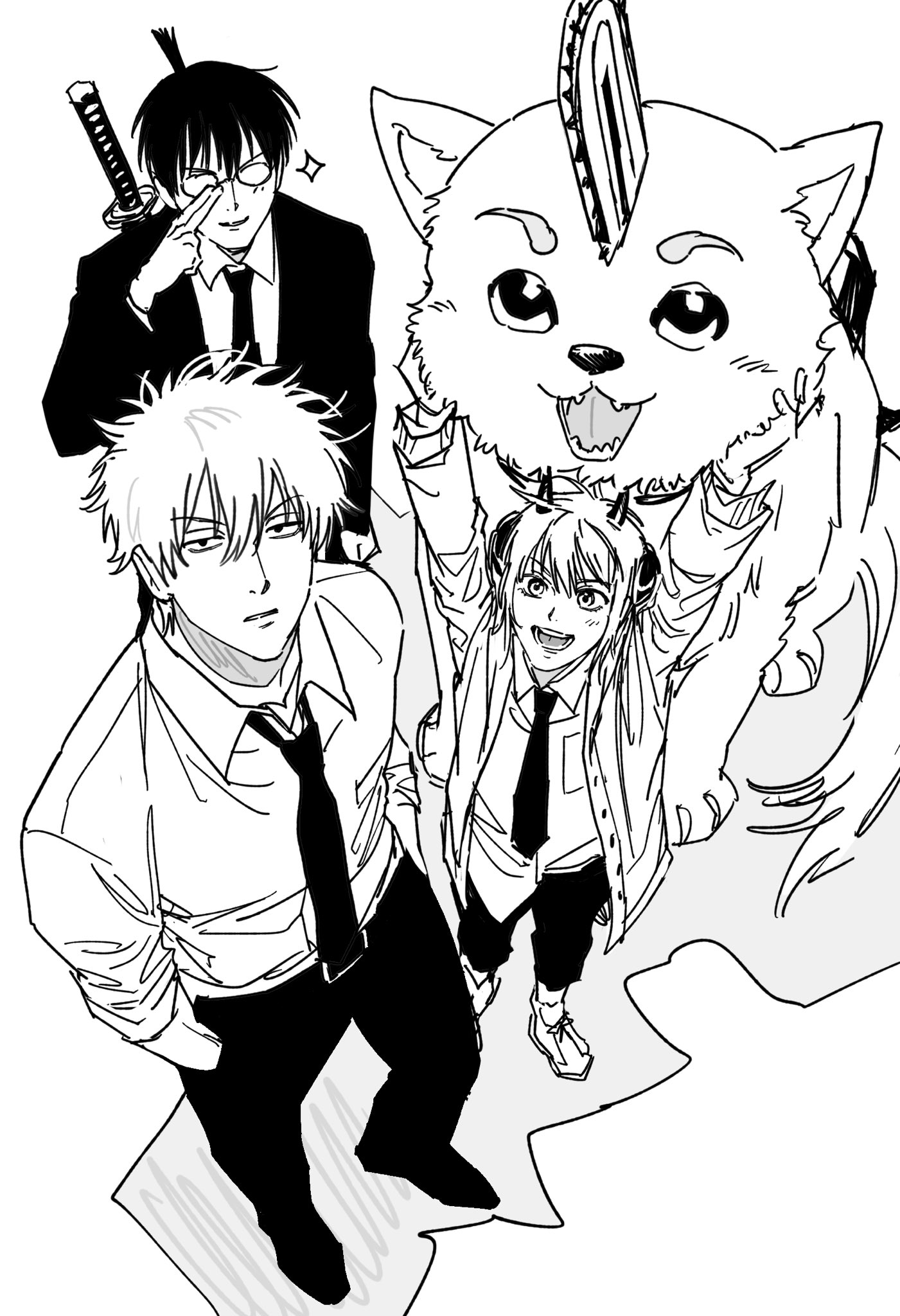 despmorning, denji (chainsaw man), hayakawa aki, kagura (gintama), pochita (chainsaw man), power (chainsaw man), sadaharu, sakata gintoki, shimura shinpachi, chainsaw man, gintama, highres, 1girl, 2boys, black pants, chainsaw, cosplay, demon horns, denji (chainsaw man) (cosplay), dog, glasses, hayakawa aki (cosplay), horns, katana, lineart, monochrome, multiple boys, necktie, pants, pochita (chainsaw man) (cosplay), power (chainsaw man) (cosplay), round eyewear, sketch, sword, weapon