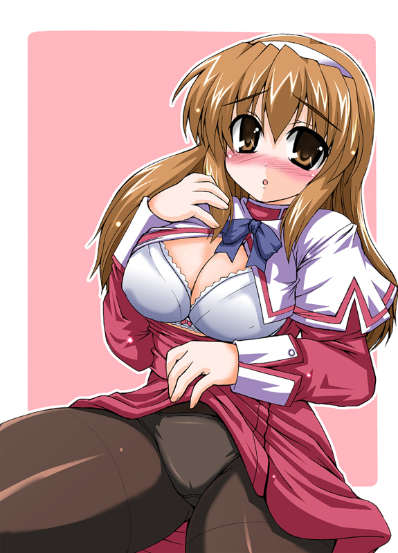gotyo shibahara, shibahara gocho, nogizaka haruka, nogizaka haruka no himitsu, 00s, blush, bra, brown eyes, brown hair, cameltoe, clothes lift, lingerie, long hair, open clothes, open shirt, pantyhose, school uniform, shirt, skirt, skirt lift, solo, underwear