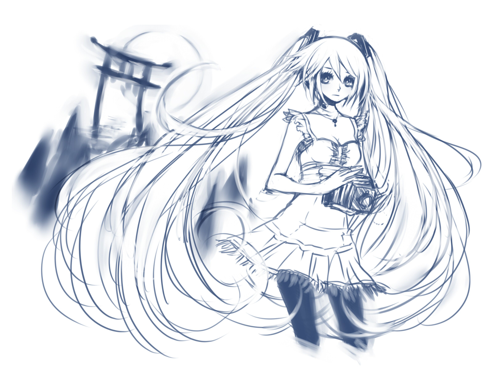reika (artist), reika (clovia studio), hatsune miku, minazuki ruka, fatal frame, fatal frame: mask of the lunar eclipse, vocaloid, bad id, bad pixiv id, highres, 1girl, bellows camera, camera, cosplay, dress, female focus, jewelry, long hair, minazuki ruka (cosplay), monochrome, necklace, pantyhose, solo, torii, twintails, very long hair