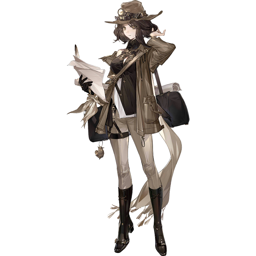 chuzenji, arknights, fluffy hair, official art, third-party source, 1girl, animal charm, bag, binoculars, black gloves, boots, brown bag, brown boots, brown eyes, brown hair, brown hat, brown jacket, brown pants, brown scarf, brown shirt, brown theme, charm (object), closed mouth, collared shirt, full body, gloves, hand in own hair, hat, headlamp, holding, holding paper, holding scroll, jacket, jewelry, knee boots, legs apart, light smile, long sleeves, looking at viewer, open clothes, open jacket, pants, paper, quill, ring, scarf, scroll, shirt, shoulder bag, simple background, single glove, single sidelock, sleeveless, sleeveless shirt, solo, standing, tachi-e, thigh strap, transparent background, treasure hunter (arknights), yellow eyes