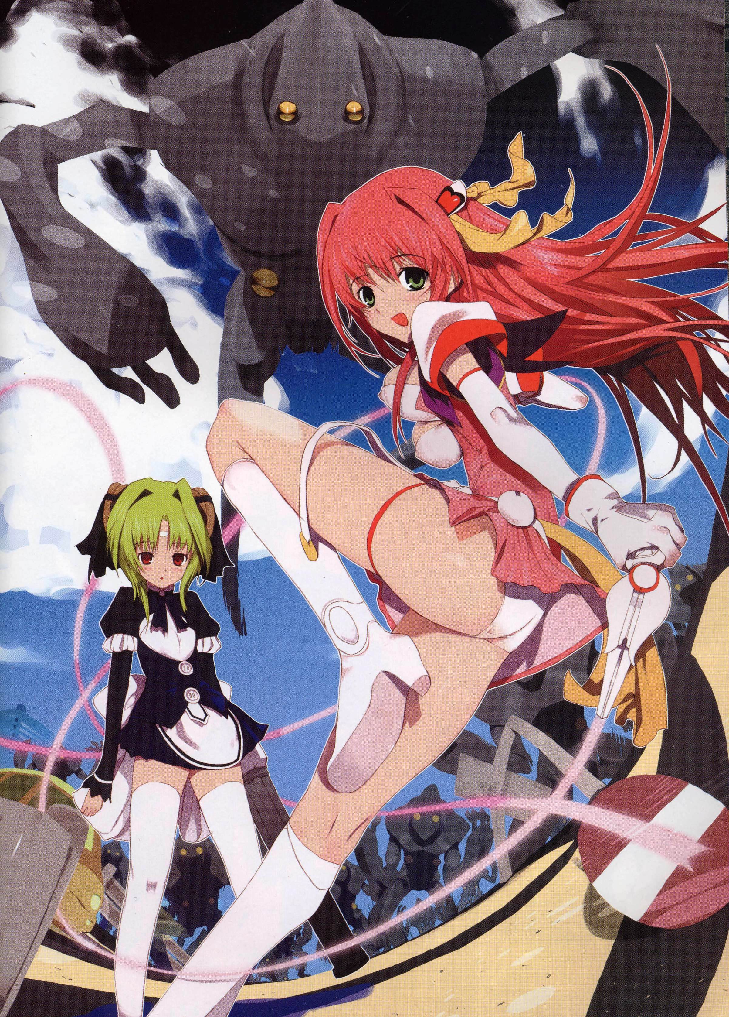 okama, escalayer, kouenji madoka, kouenji sayuka, choukou (alicesoft), choukou tenshi escalayer, absurdres, highres, 00s, 2girls, boots, breasts, cloud, covered erect nipples, green eyes, green hair, gun, knee boots, long hair, magical girl, mecha, medium breasts, multiple girls, panties, pantyshot, pink hair, red eyes, ribbon, robot, short hair, skirt, sky, small breasts, thighhighs, underwear, weapon, white panties