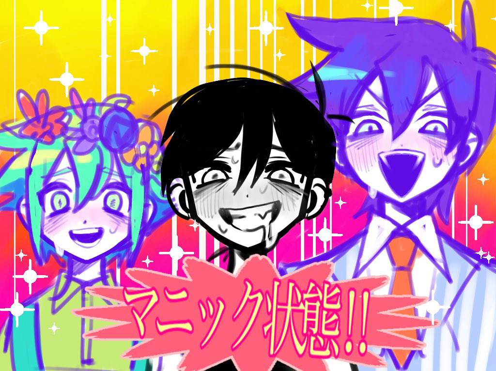 honshiya, basil (headspace) (omori), basil (omori), bossman hero, hero (headspace) (omori), hero (omori), omori (omori), omori, commentary request, translation request, 3boys, :d, antenna hair, aqua overalls, black hair, blue jacket, blush, collared shirt, colored skin, double-parted bangs, drooling, fangs, gradient background, green eyes, green hair, green shirt, grin, hair behind ear, hair between eyes, jacket, looking at viewer, male focus, mouth drool, multicolored jacket, multiple boys, necktie, nose blush, official alternate eye color, open mouth, overalls, pink background, purple hair, raised inner eyebrows, red necktie, shirt, short hair, simple background, smile, straight-on, striped clothes, striped jacket, sweat, teeth, two-tone jacket, upper body, upper teeth only, v-shaped eyebrows, vertical-striped clothes, vertical-striped jacket, very short hair, white eyes, white jacket, white shirt, white skin, yellow background