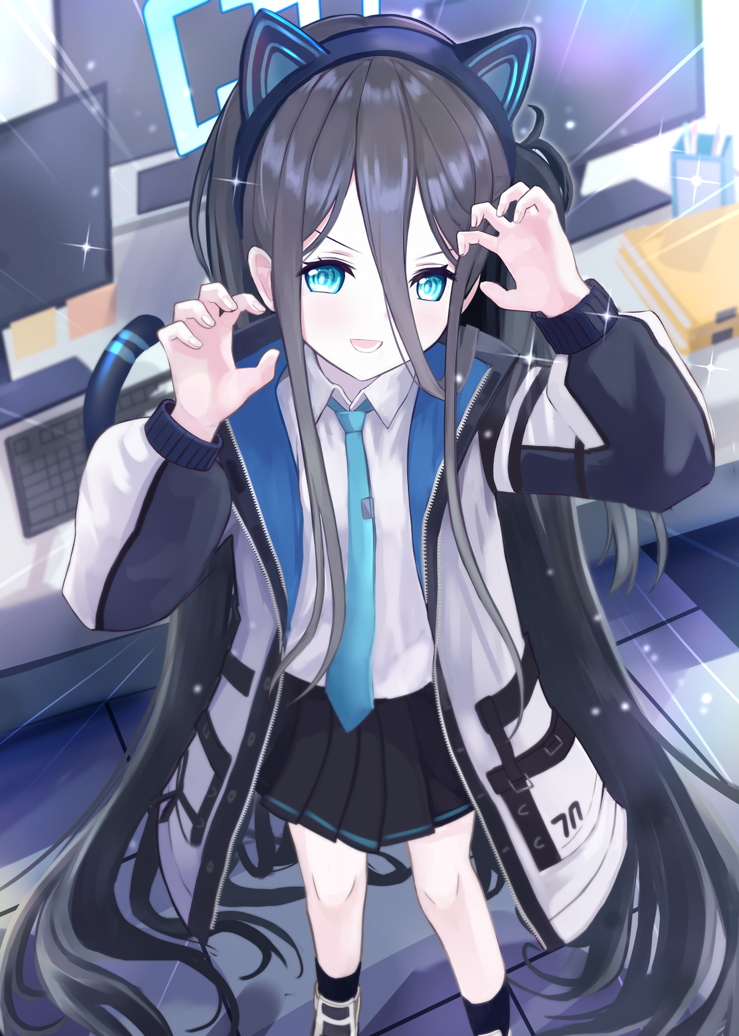 thomason366, aris (blue archive), blue archive, absurdres, commentary request, highres, 1girl, :d, absurdly long hair, animal ear hairband, animal ears, aqua eyes, aqua halo, black hair, black hairband, black jacket, black skirt, black socks, black tail, blue jacket, blue necktie, blurry, blurry background, cat ear hairband, cat ears, cat tail, claw pose, collared shirt, computer keyboard, double-parted bangs, emphasis lines, fake animal ears, fake tail, hair between eyes, hairband, halo, hands up, jacket, long bangs, long hair, long hair between eyes, long sidelocks, long sleeves, looking at viewer, lower teeth only, monitor, multicolored jacket, necktie, one side up, open clothes, open jacket, open mouth, pleated skirt, puffy long sleeves, puffy sleeves, rectangular halo, ringed eyes, shirt, shoes, sidelocks, skirt, smile, socks, solo, sparkle, standing, tail, tail raised, teeth, tie clip, tile floor, tiles, two-sided fabric, two-sided jacket, v-shaped eyebrows, very long hair, white jacket, white shirt, white shoes