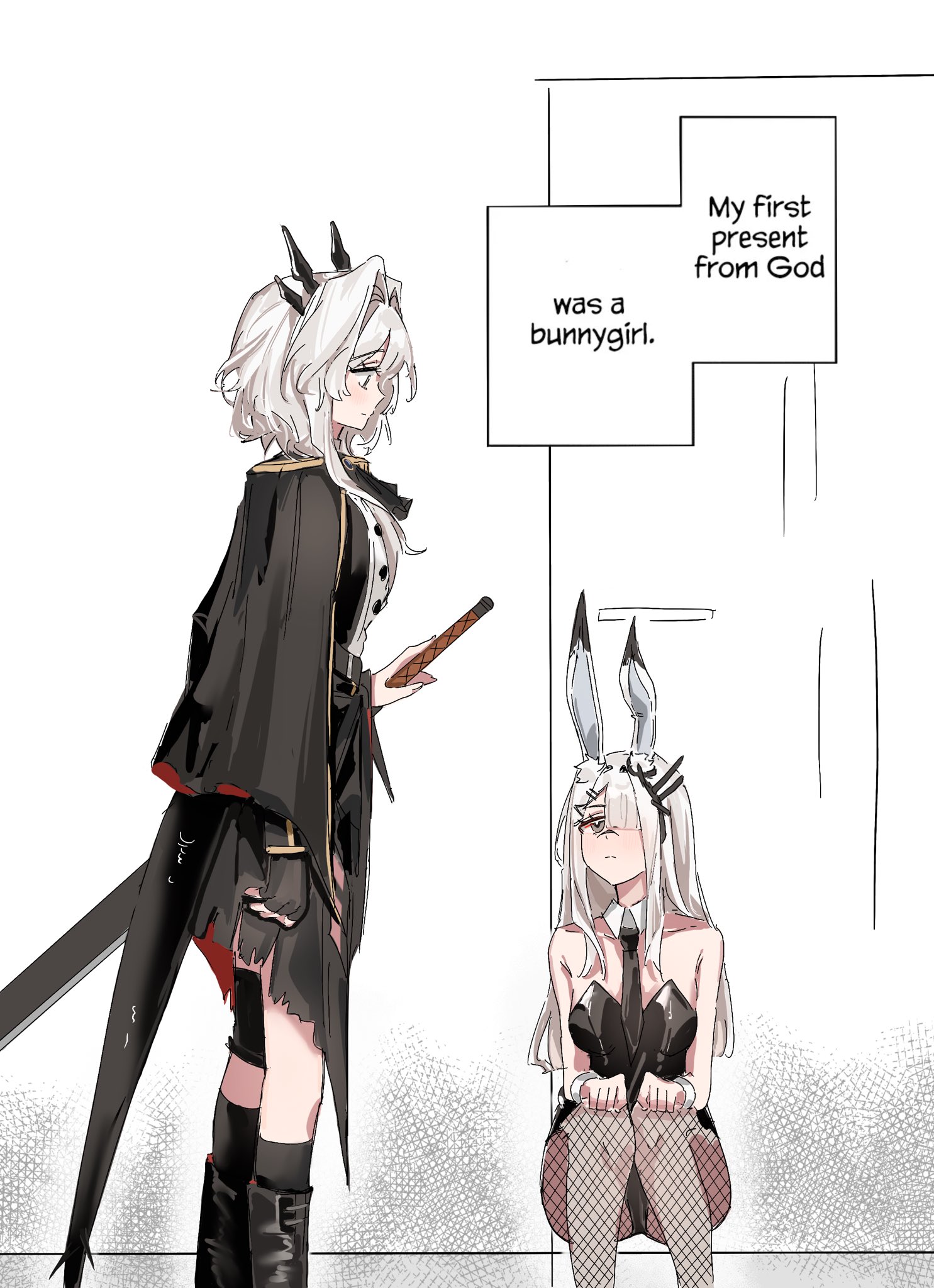 frostnova (arknights), talulah (arknights), talulah the fighter (arknights), arknights, commentary, derivative work, english commentary, highres, 2girls, alternate costume, animal ears, bare arms, bare shoulders, black boots, black cape, black gloves, black leotard, black necktie, black pantyhose, black socks, boots, cape, closed mouth, detached collar, eye contact, fingerless gloves, fishnet pantyhose, fishnets, gloves, grey eyes, grey hair, hair ornament, hair over one eye, hairclip, hands on own knees, hill chuchu, knee boots, kneehighs, leotard, long hair, looking at another, multiple girls, necktie, one eye covered, pantyhose, playboy bunny, profile, short hair with long locks, single fingerless glove, single glove, socks, squatting, standing, strapless, strapless leotard, sword, weapon
