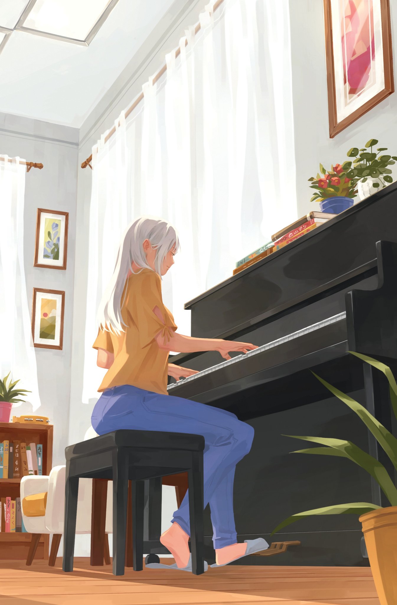 parientou, todoroki rei, boku no hero academia, highres, 1girl, blue pants, book, bookshelf, curtains, instrument, long hair, music, painting (object), pants, plant, playing instrument, playing piano, potted plant, shirt, sitting, slippers, white hair, yellow shirt